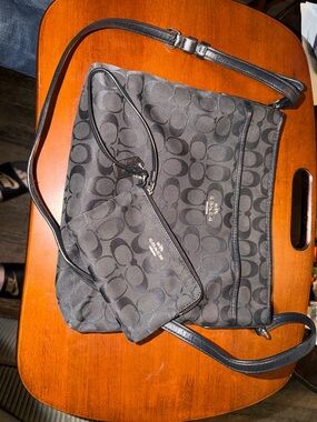 Coach Black Leather Logo Patch Wristlet/Crossbody Set